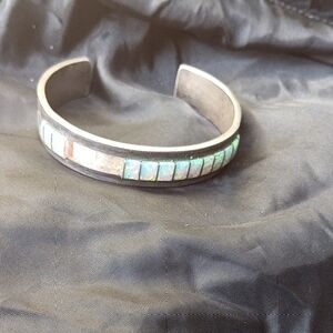 Vintage Navajo Sterling Silver Opal Inlay Cuff Bracelet Signed C. Benally 32.7g